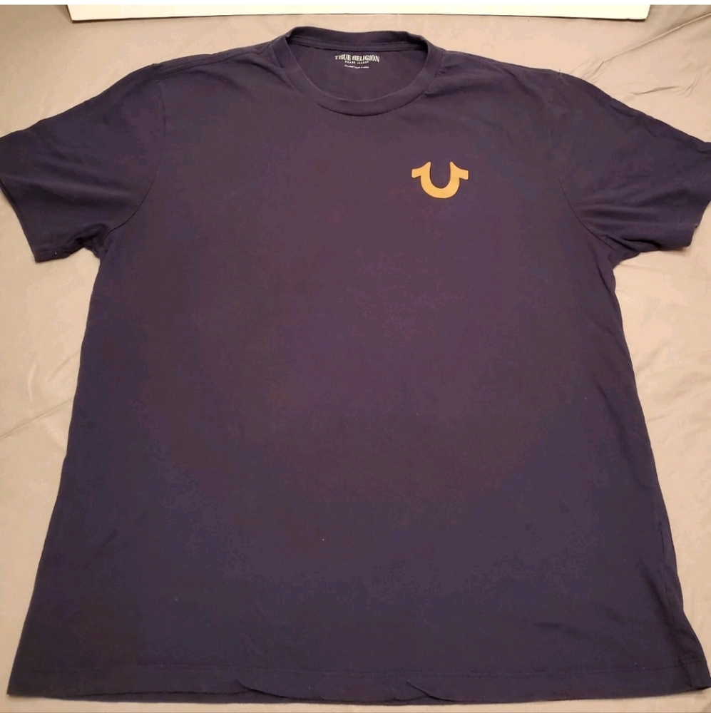 Men's TRUE RELIGION Horseshoe Buddha Graphic Dark Blue T Shirt Size 2XL EUC